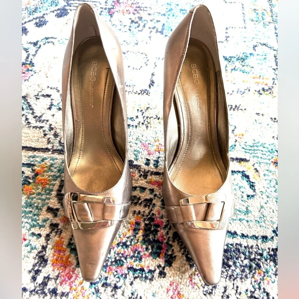 BCBGeneration Metallic Pointed Toe Heels with Buckle Detail – Elegant Pumps
